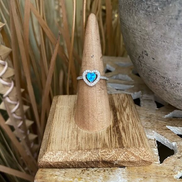 Blue Opal & CZ Heart Sterling Silver Ring size 6 - Picture 2 of 7